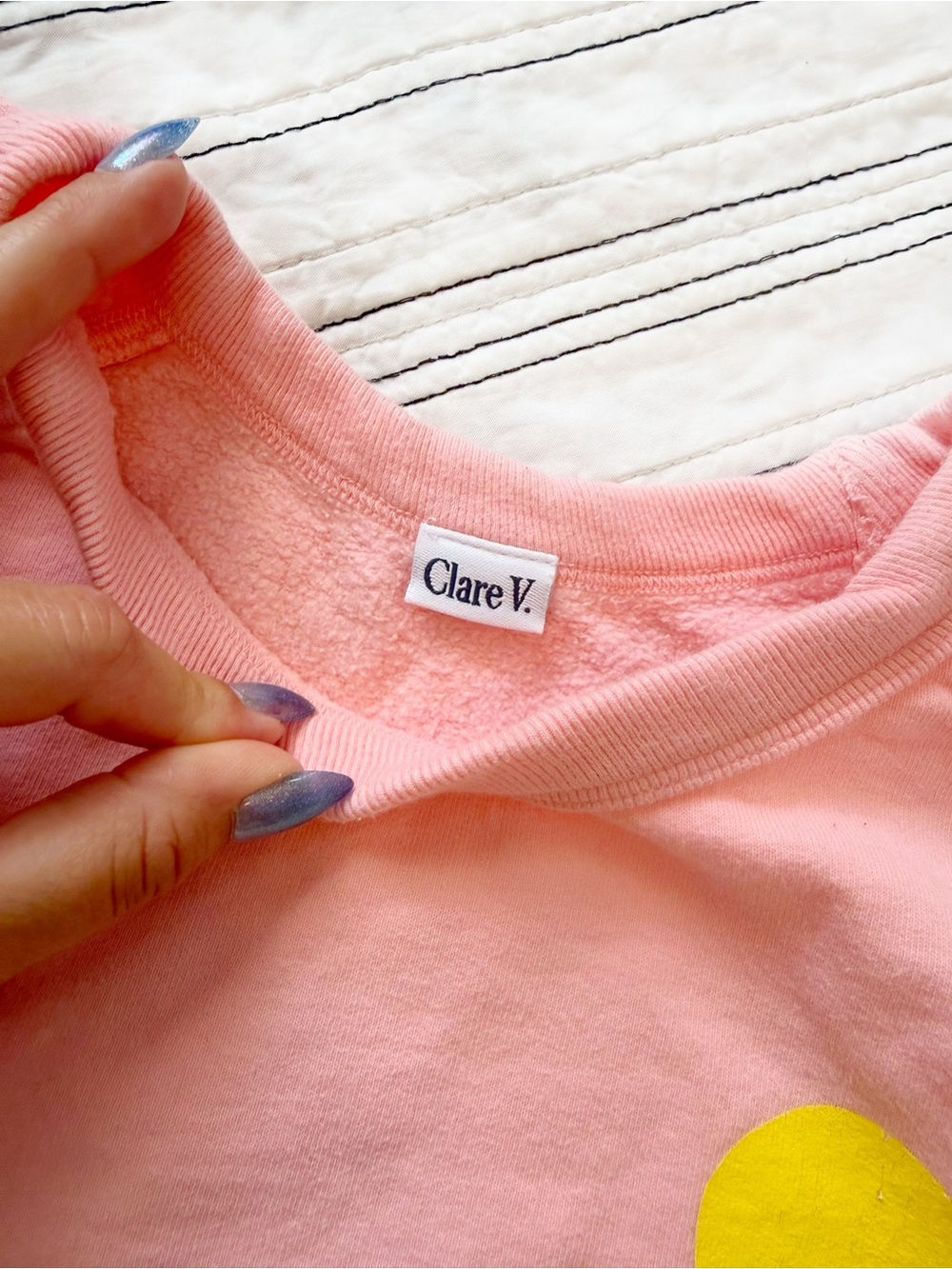 Clare V. OUI Sweatshirt in Rose Pink White Yellow 100% Cotton size Small - Picture 6 of 10